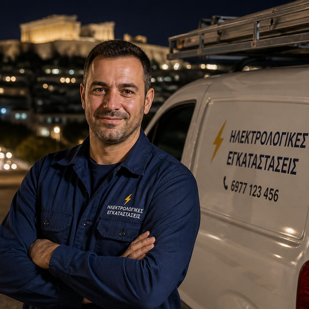 Ο ηλεκτρολόγος Σταμάτης μπροστά από το βαν του στην Αθήνα